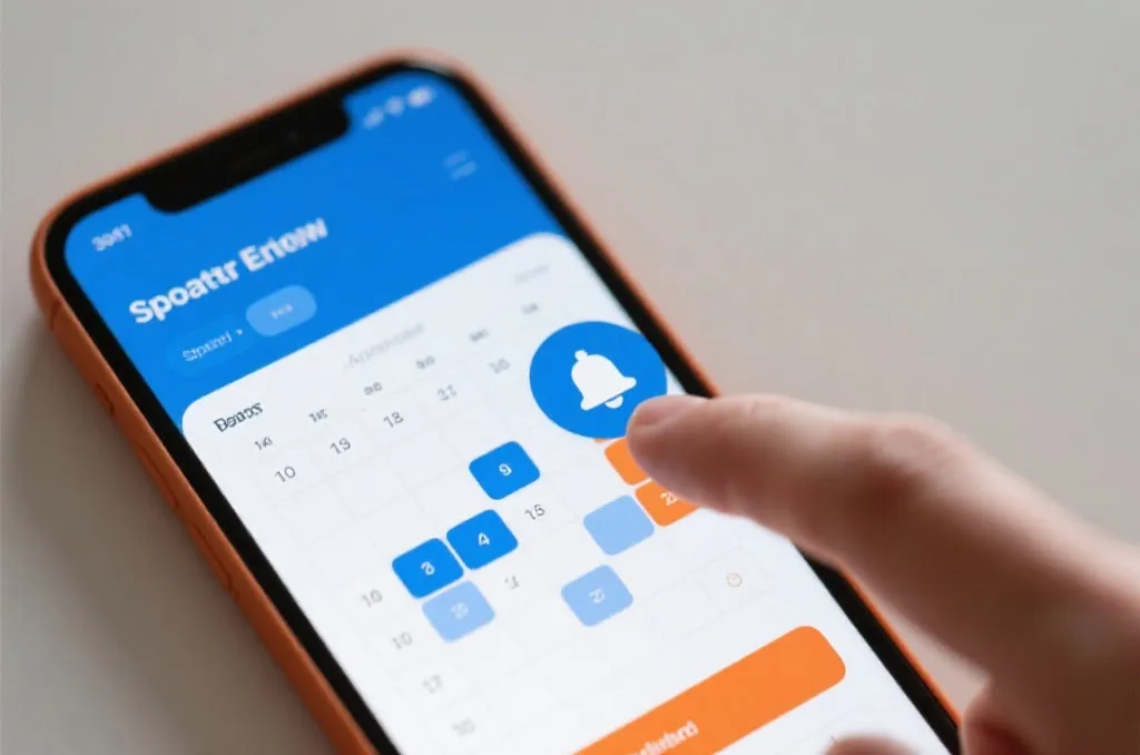 A close-up of a mobile screen showing a sports schedule with a finger tapping a bell notification icon, clean design, vibrant blue and orange theme